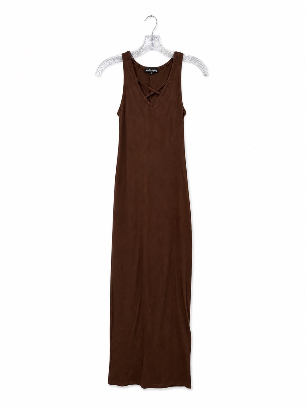 French Atmosphere Brown Ribbed Maxi Dress Size S Criss Cross V Neck - Picture 3 of 6